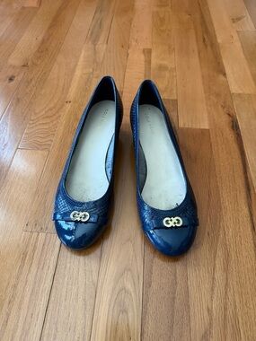 Cole Haan Elsie Logo Wedge Navy Patent Snakeskin with Gold Logo